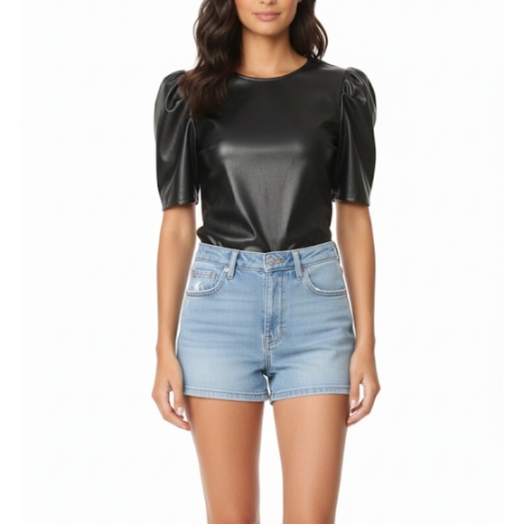 Cupcakes & Cashmere Black Boxy Faux Leather Blouse with Puff Sleeves - Picture 13 of 13